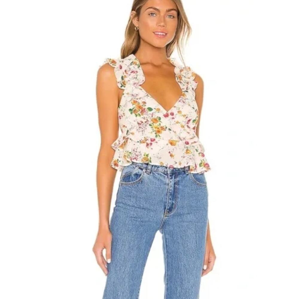 House of Harlow x REVOLVE Luella Top XS Ivory Floral Ruffle Sleeveless